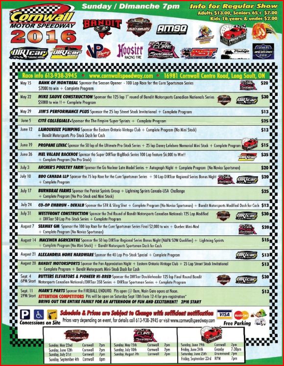 Cornwall Motor Speedway opens Sunday, May 15