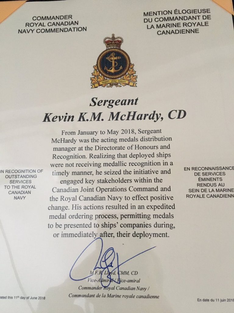 Kevin McHardy honoured with a Commander Royal Canadian Navy Commendation