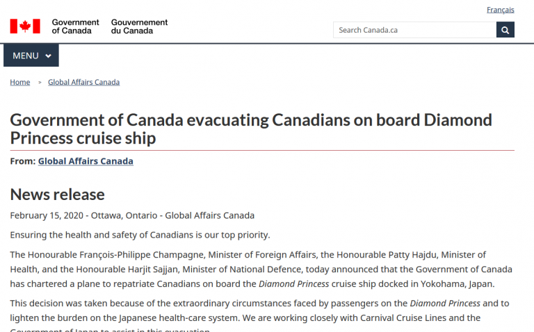 Entire press release from Canadian Government regarding evacuees of the Diamond Princess cruise ship