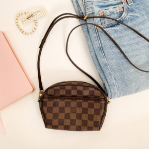 brown and black checkered handbag