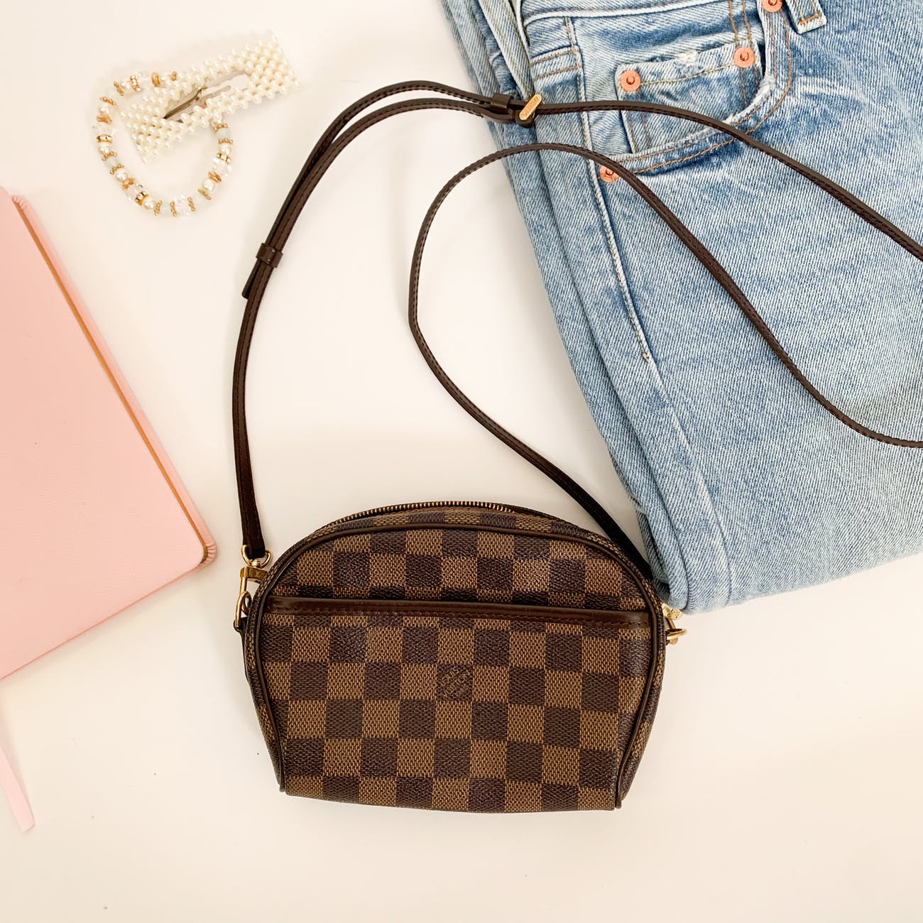brown and black checkered handbag