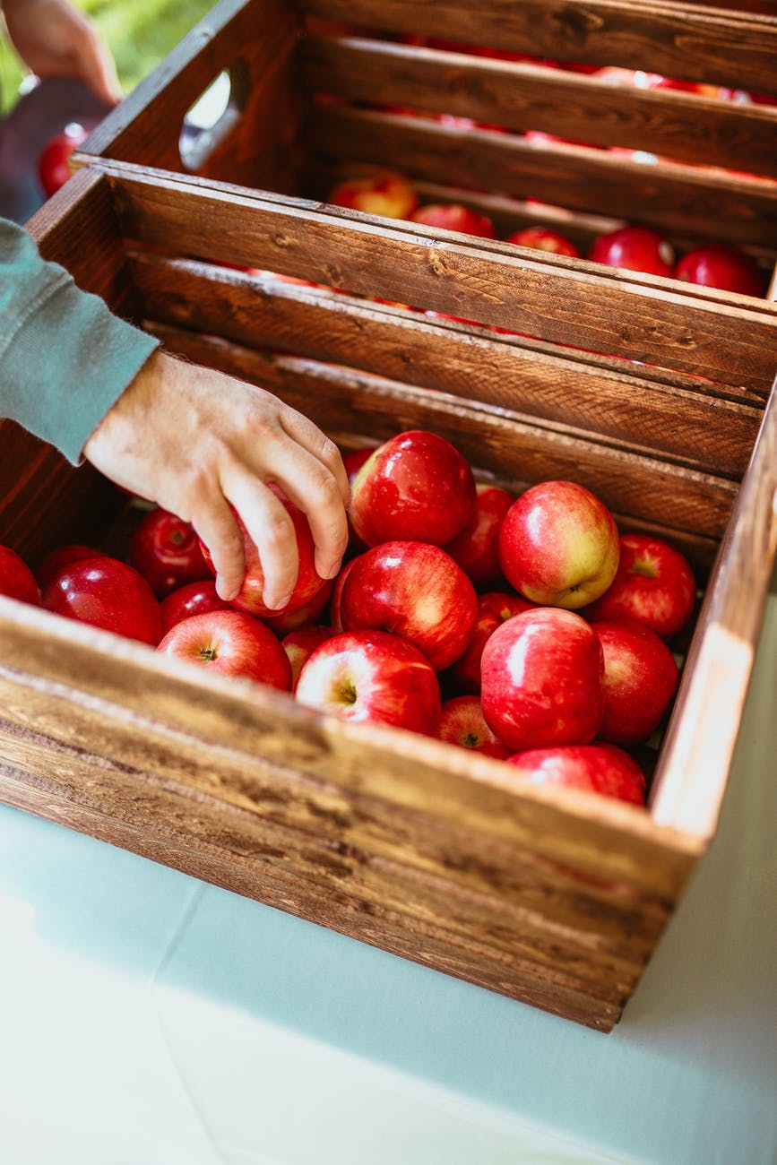 red apples on wooden crates