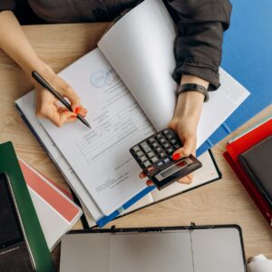 a person examining documents