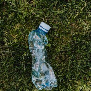 crumpled plastic bottle on green lawn
