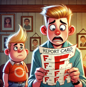 cartoon of father looking at his son's failing report card