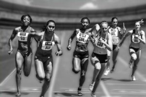 Female athletes in a high-stakes track race showcasing physical prowess and competition.