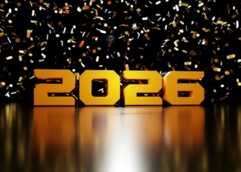 Golden 2026 text with falling confetti